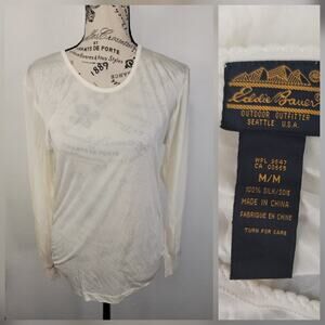 Vintage Eddie Bauer Top Womens SZ M Ivory Silk Pointelle Long Sleeve Base Layer